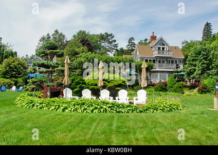 Mansions along the Shore Path in Bar Harbor, Maine Stock Photo