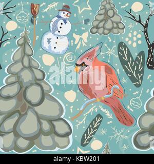 Seamless Winter Pattern with cute Cardinal Bird, Snowman and Spruce Tree. Vector Illustration. Stock Vector