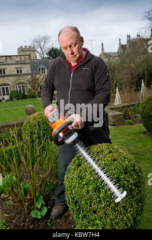 Andrew Tolman testing the Stihl HSA 56 hedgetrimmer at The Coach House, Ampney Crucis, Gloucestershire. Stock Photo