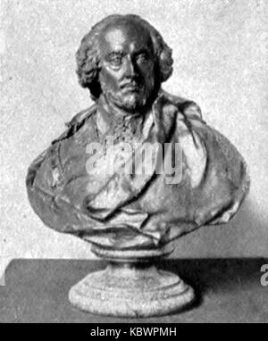 The Davenant bust of William Shakespeare, featured in the Britannica collection, represents a historical depiction of the iconic playwright, capturing his features in fine detail. Stock Photo