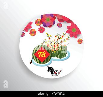 Cooked square glutinous rice cake and blossom, Vietnamese new year. (Translation 'Tết' : Lunar new year) Stock Vector