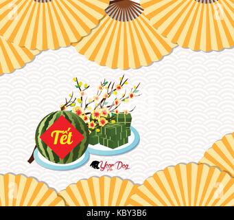 Cooked square glutinous rice cake, Vietnamese new year. (Translation 'Tết' : Lunar new year) Stock Vector