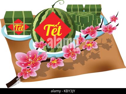 Cooked square glutinous rice cake, Vietnamese new year. (Translation 'Tết' : Lunar new year) Stock Vector