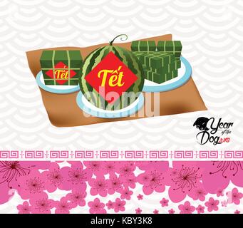 Cooked square glutinous rice cake, Vietnamese new year. (Translation 'Tết' : Lunar new year) Stock Vector