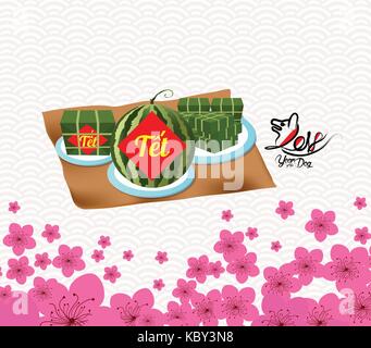 Cooked square glutinous rice cake, Vietnamese new year. (Translation 'Tết' : Lunar new year) Stock Vector