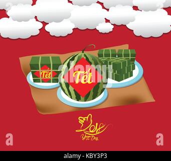 Cooked square glutinous rice cake, Vietnamese new year. (Translation 'Tết' : Lunar new year) Stock Vector