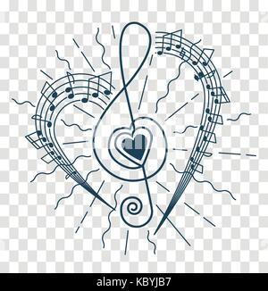concept of musical representation in the form of a treble clef with a heart and flying rays and notes. Icon, silhouette in the linear style Stock Vector