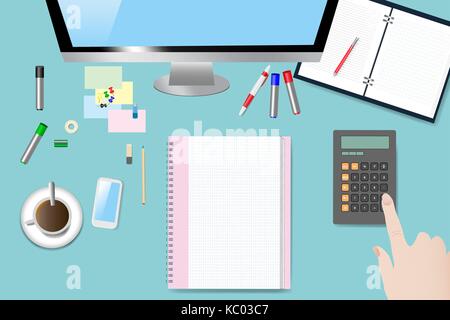 Top view of the office table. The blank notepad ready for your text is in the middle of the table. Finger is touching the calculator keyboard. Stock Vector