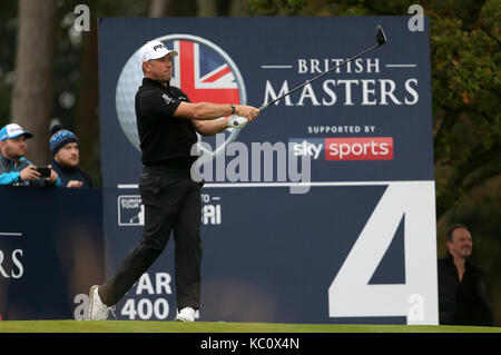 England's Lee Westwood tees off on the 4th during day four of the British Masters at Close House Golf Club, Newcastle. Stock Photo