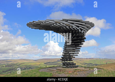 The Singing Ringing Tree sculpture on hill overlooking Burnley, Lancashire Stock Photo