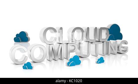 Cloud Computing silver text with cloud icons, isolated on white background. Stock Photo