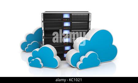 Server rack and cloud icons isolated on white background. Stock Photo
