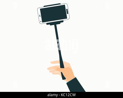 Hand holds a selfie stick with smartphones. Vector illustration. Stock Vector