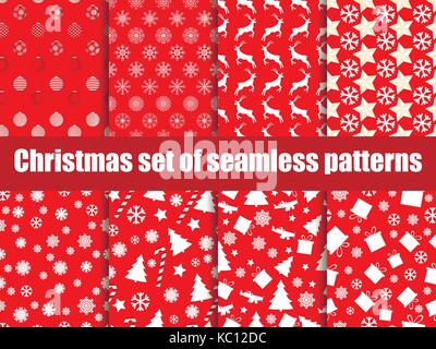 Christmas seamless patterns. Christmas trees, snowflakes and toys. Vector illustration. Stock Vector