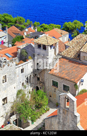 Tourists in the House of Marco Polo from St Mark's bell tower, Korcula Town, Korcula Island, Croatia, Dalmatia, Dalmatian Coast, Europe. Stock Photo