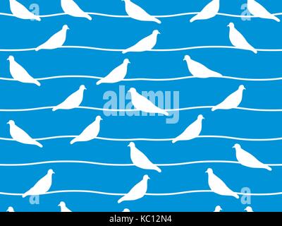 Seamless pattern with doves on wires. Vector illustration Stock Vector