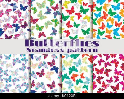 Seamless patterns with butterflies. Set of backgrounds with polygonal butterflies. Vector illustration Stock Vector