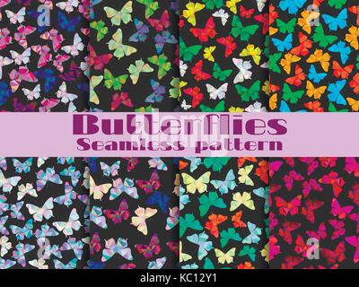 Seamless patterns with butterflies. Set of backgrounds with polygonal butterflies. Vector illustration Stock Vector