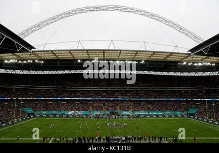 Match action between the Miami Dolphins and New Orleans Saints during the NFL International Series match at Wembley Stadium, London. Stock Photo