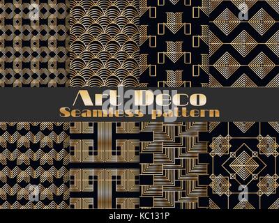 Art deco seamless pattern. Set retro backgrounds, gold and black color. Style 1920's, 1930's. Vector illustration. Stock Vector