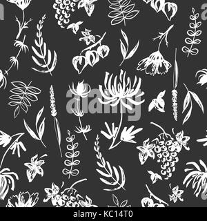 Black and white seamless patterm based on hand painted ink autumn leaves, flowers, herbs and berries Stock Vector