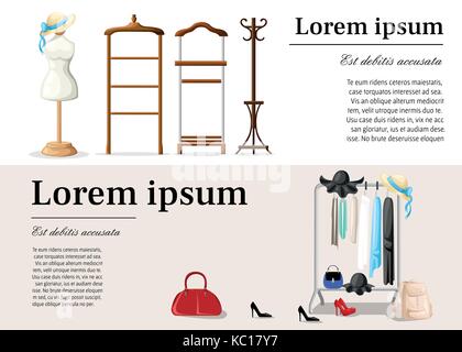 Wardrobe room full of woman's cloths. Flat style vector illustration.coat rack, showroom. Closet with clothes, bags, boxes and shoes in flat style Web Stock Vector