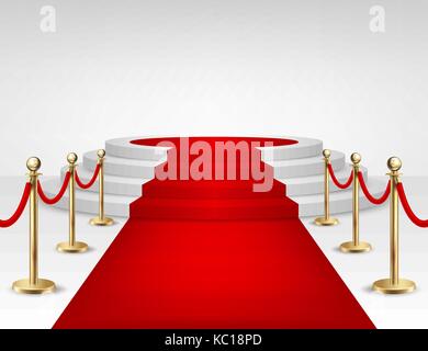 Realistic vector red event carpet, gold barriers and white stairs isolated on white background. Design template, clipart in EPS10. Stock Vector