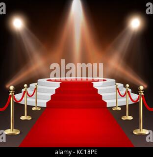 Realistic vector red event carpet, gold barriers and white stairs isolated on white background. Design template, clipart in EPS10. Stock Vector