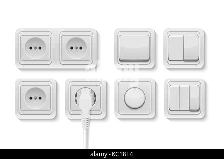 Vector realistic white switches and socket set isolated on white background. Design template in EPS10. Stock Vector