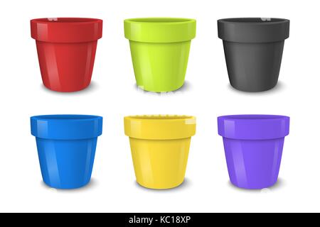 Realistic vector empty flower pot set, bright colors - red, green, blue and yellow . Closeup isolated on white background. Design template for branding, mockup. EPS10. Stock Vector