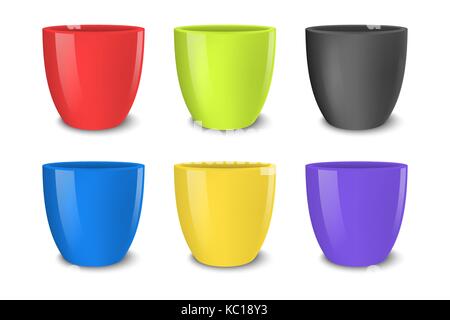 Realistic vector empty flower pot set, bright colors - red, green, blue and yellow . Closeup isolated on white background. Design template for branding, mockup. EPS10. Stock Vector