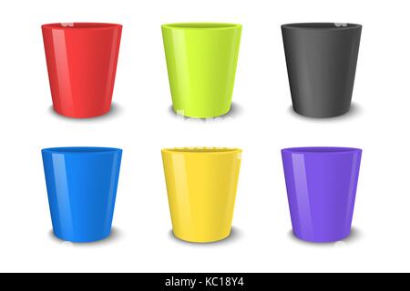Realistic vector empty flower pot set, bright colors - red, green, blue and yellow . Closeup isolated on white background. Design template for branding, mockup. EPS10. Stock Vector