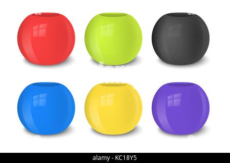 Realistic vector empty flower pot set, bright colors - red, green, blue and yellow . Closeup isolated on white background. Design template for branding, mockup. EPS10. Stock Vector