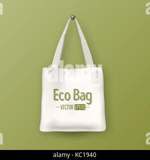 Realistic vector white empty textile tote bag. Closeup on green background. Design template for branding, mockup. EPS10. Stock Vector