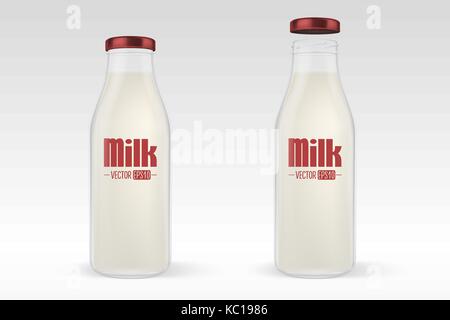 Vector realistic closed and open full glass milk bottle set with red lid closeup on white background. Design template for advertise, branding, mockup. EPS10. Stock Vector