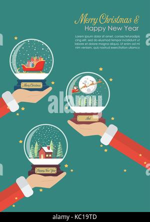 Merry christmas and Happy new year. Santa claus hands holding christmas glass balls collection. Greeting card Stock Vector