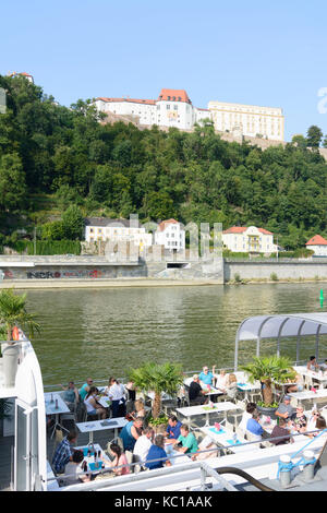 river Danube, passenger ship, castle Veste Oberhaus, Passau, Niederbayern, Lower Bavaria, Bayern, Bavaria, Germany Stock Photo