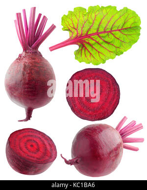 Isolated beetroot collection. Various cut and whole beetroot vegetables with leaf isolated on white background with clipping path Stock Photo