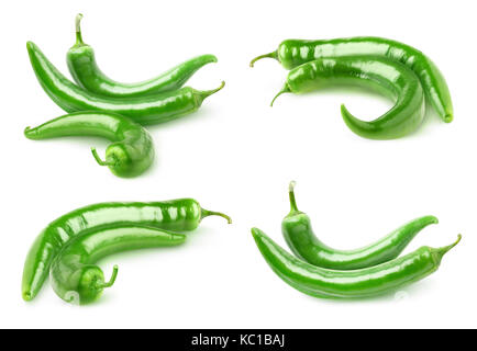 Isolated peppers. Collection of hot green peppers isolated on white background with clipping path Stock Photo