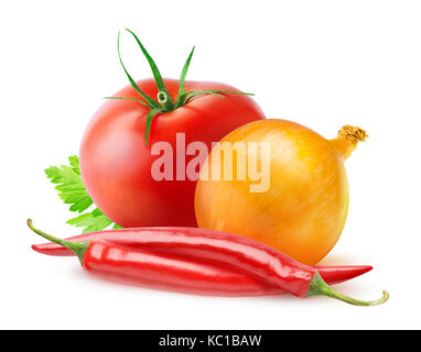Isolated vegetables. Fresh tomatoes, onions and chili peppers (hot ketchup ingredients) isolated on white background with clipping path Stock Photo
