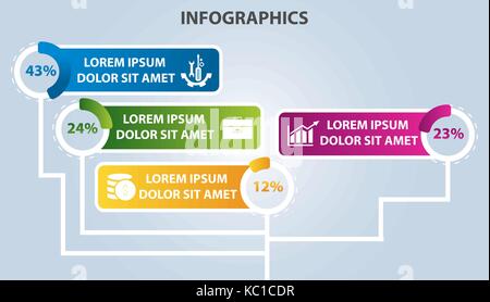 Vector illustration. Infographic template with 4 elements, circles and percentages. Contains icons and text. Designed for business, presentations, web Stock Vector