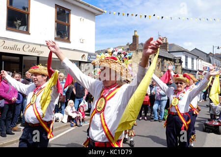 morris dancers in the treets of camborne cornwall, england, uk, during the annual richard trevithick day celebrations. Stock Photo