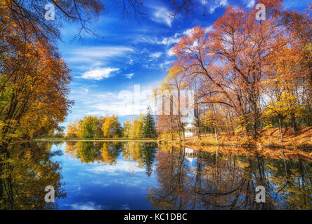 Sunny autumn in the park over lake Stock Photo