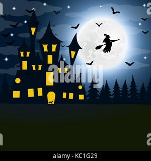 Halloween, the witch s house on the full moon. Stock Vector