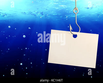 The underwater scene with empty sheet of a paper, hanging on a fishing hook and blue water with bubbles. 3d render Stock Photo