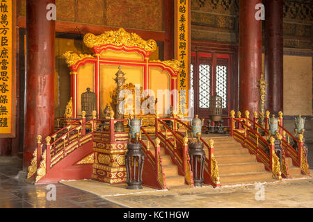 Throne in Hall of Supreme Harmony in Forbidden City, Beijing, China Stock Photo
