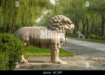 Standing Lion on Sacred Road to Ming Tombs, Changping, China Stock Photo