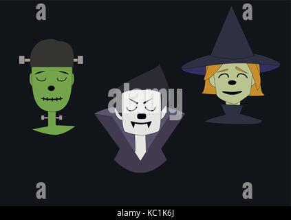 witch, vampire and green monster face on a black background Stock Vector