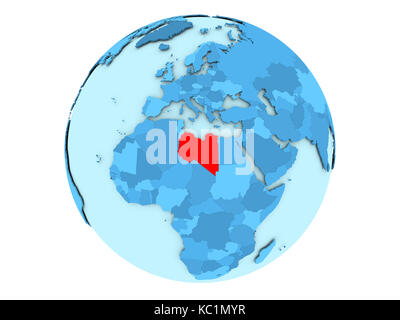 Libya highlighted in red on blue political globe. 3D illustration isolated on white background. Stock Photo