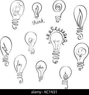 Vector set of light bulb icons with concept of idea. Doodle sign collection. Sketch design illustration for print, web, logos Stock Vector